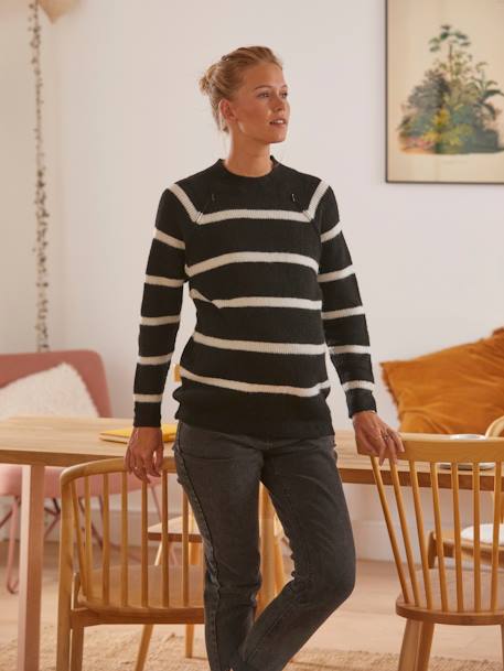 Pull maille perlée grossesse et allaitement Rayé noir et beige+Vert olive - vertbaudet enfant 