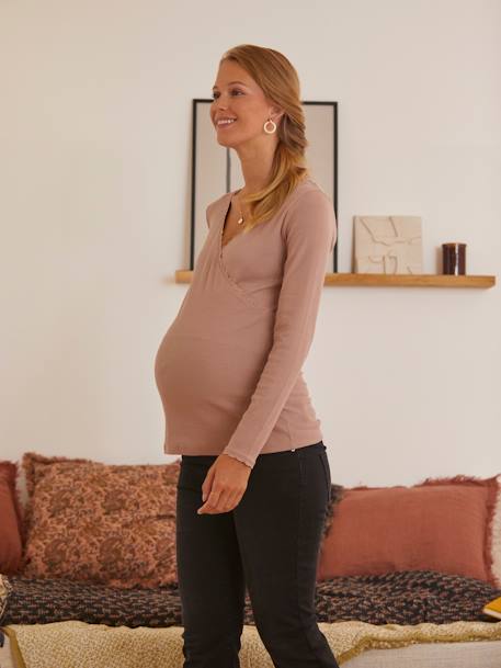Gekruist T-shirt met V-hals, voor zwangerschaps- en borstvoeding Antracietgrijs+Roze - vertbaudet enfant 