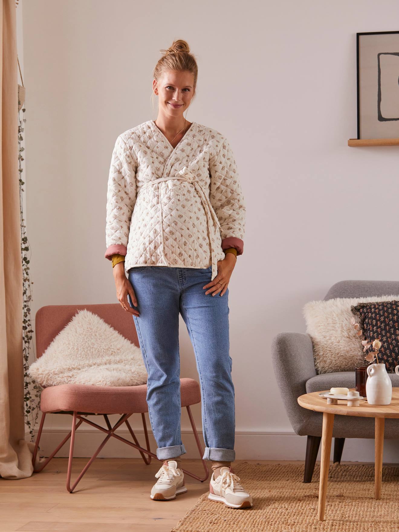 Vertbaudet Gewatteerd Fleece Jack Voor Zwangerschap En Borstvoeding Roze Met Print