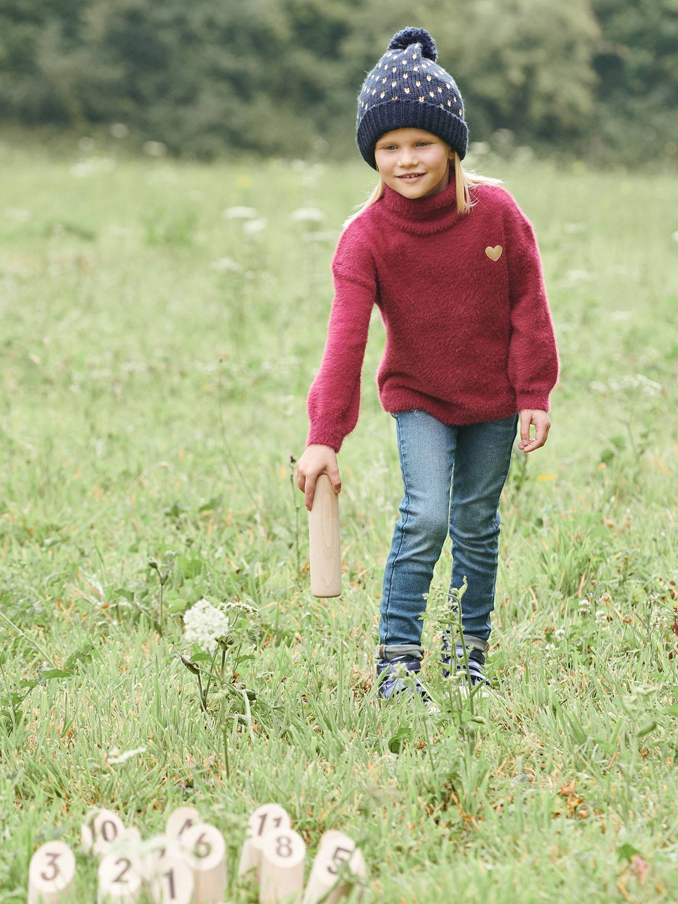 Ensemble bonnet + snood + gants ou moufles colorblock fille - marine