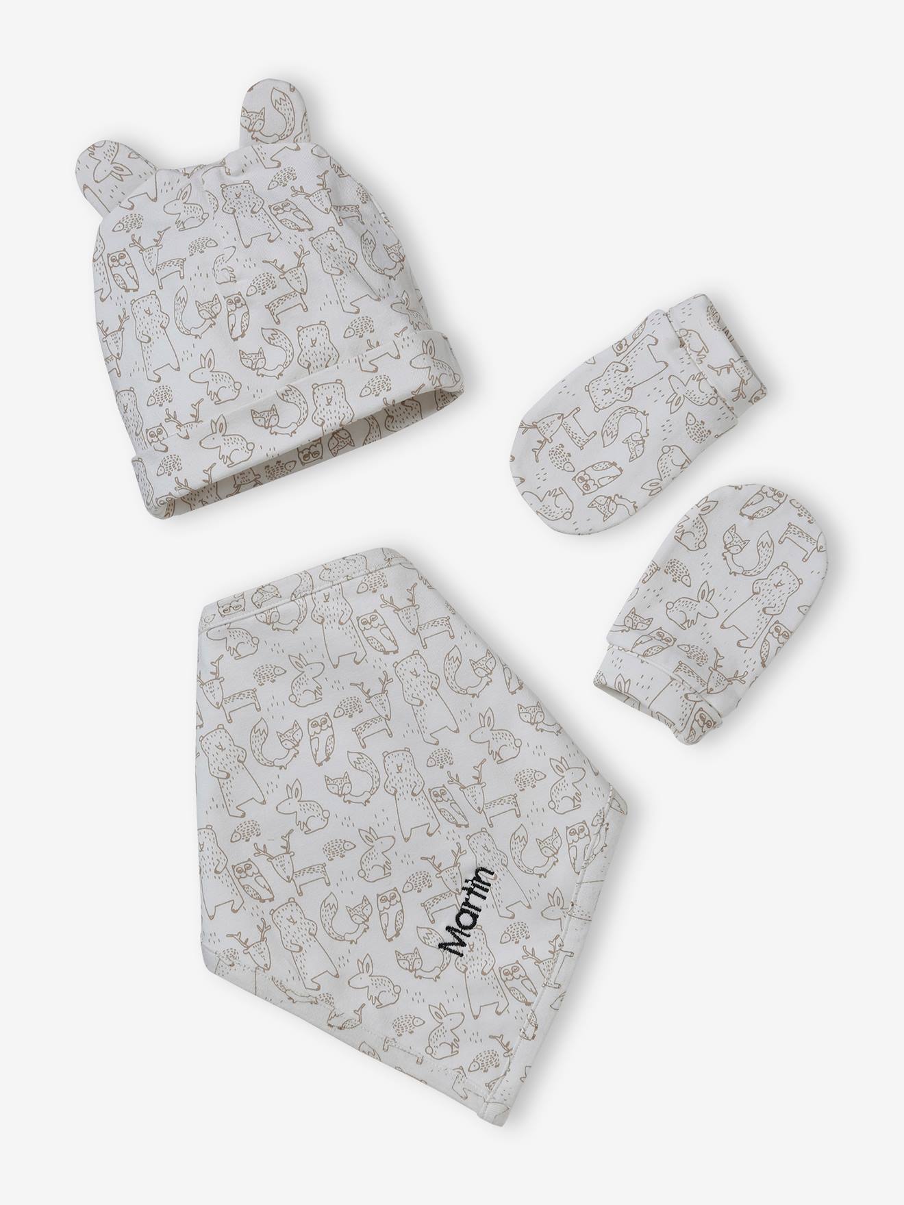 Vertbaudet Personaliseerbare Babymuts + Wanten + Sjaal + Babyzakje In Bedrukt Mesh Taupe