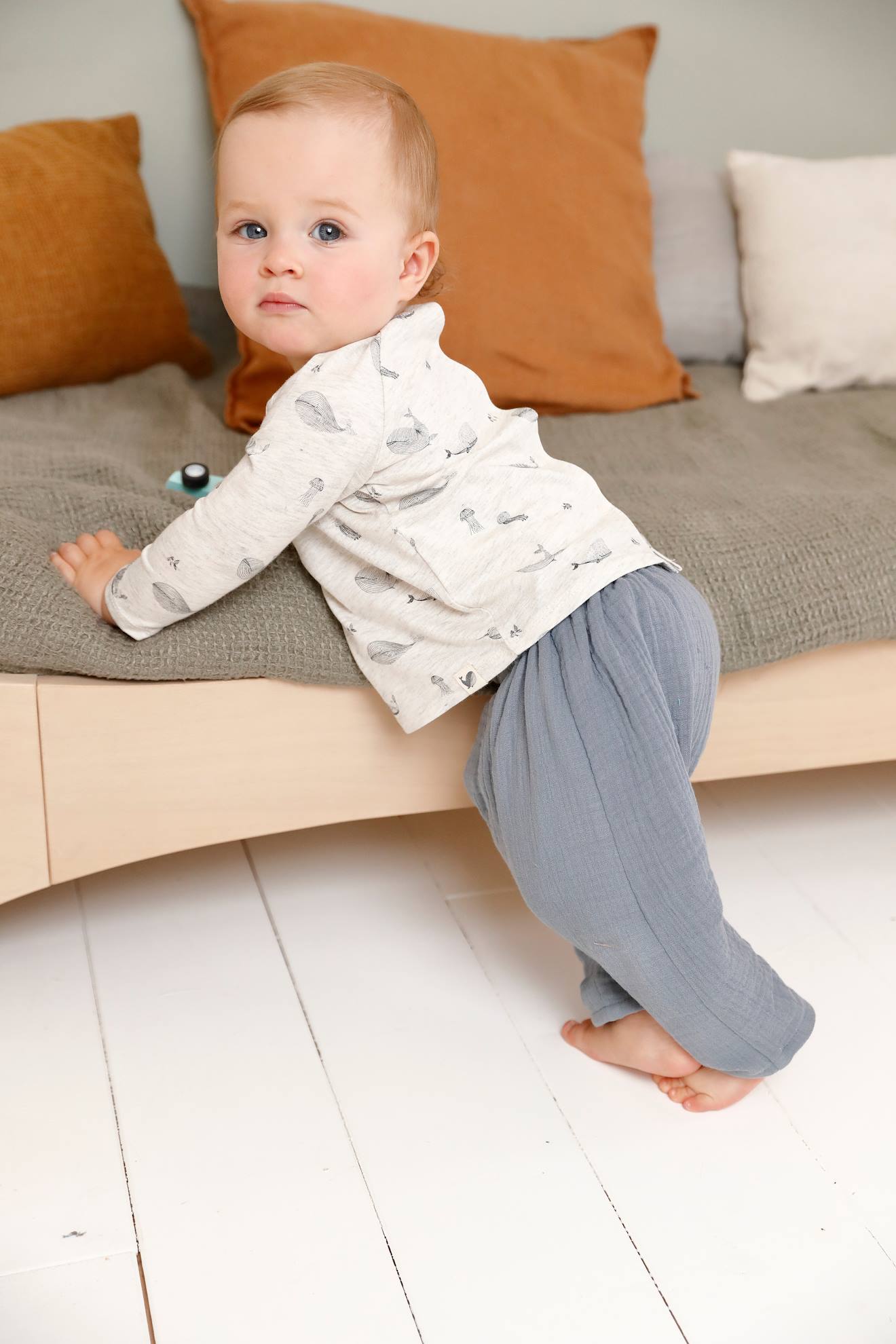 Pantalon en gaze de coton bébé doublure rayée naissance - bleu gris, Bébé