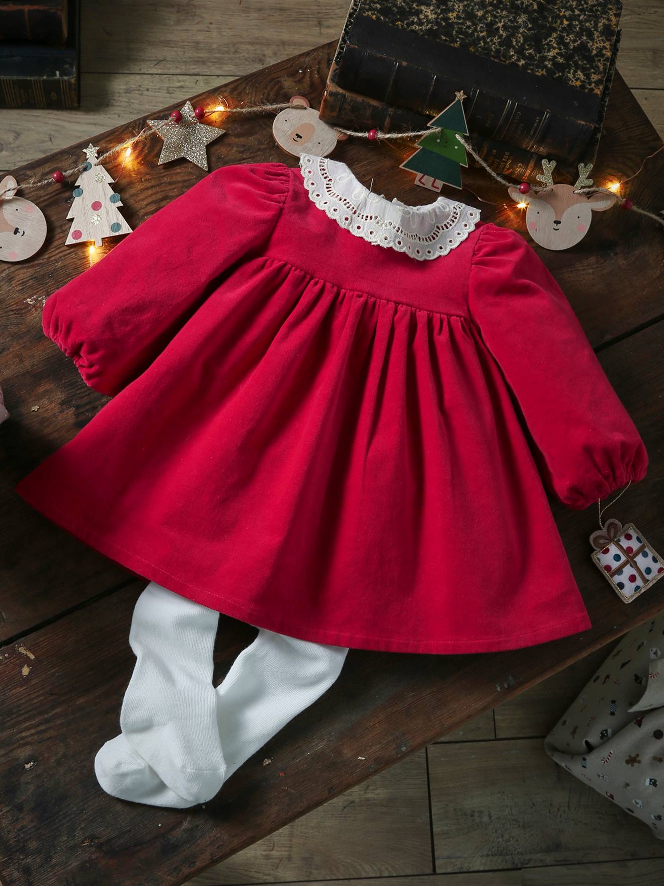 Ensemble Noël bébé : robe, bandeau et collants - rouge