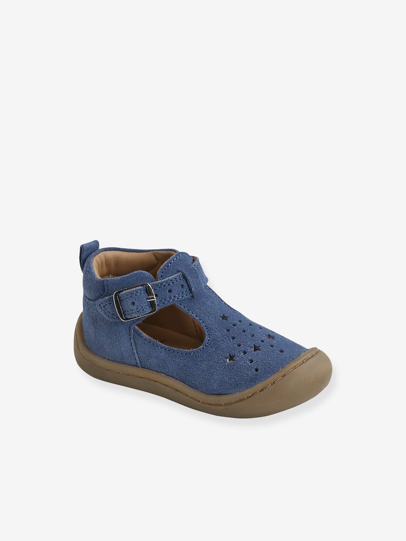 Vertbaudet Zacht Lederen Sandalen Voor Baby's Die Kruipen Jeansblauw
