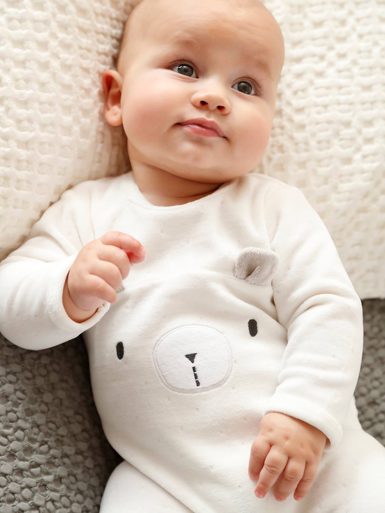 Pyjama bébé mixte en velours ours écru, Bébé
