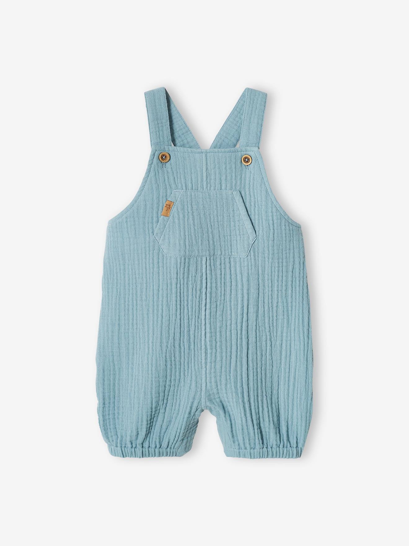 Vertbaudet Newborn Salopette Van Gevoerd Hydrofiel Katoen Gebleekt Denim