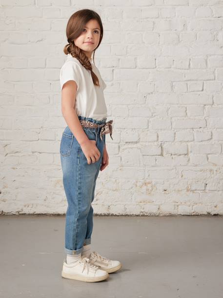 Jean style paperbag et sa ceinture fleurie fille denim brut+denim gris+noir+stone - vertbaudet enfant 