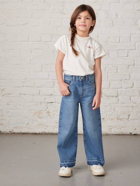 Wijde meisjesjeans met rafels aan de onderkant donkerblauw+gebleekt denim+grijs+stone - vertbaudet enfant 