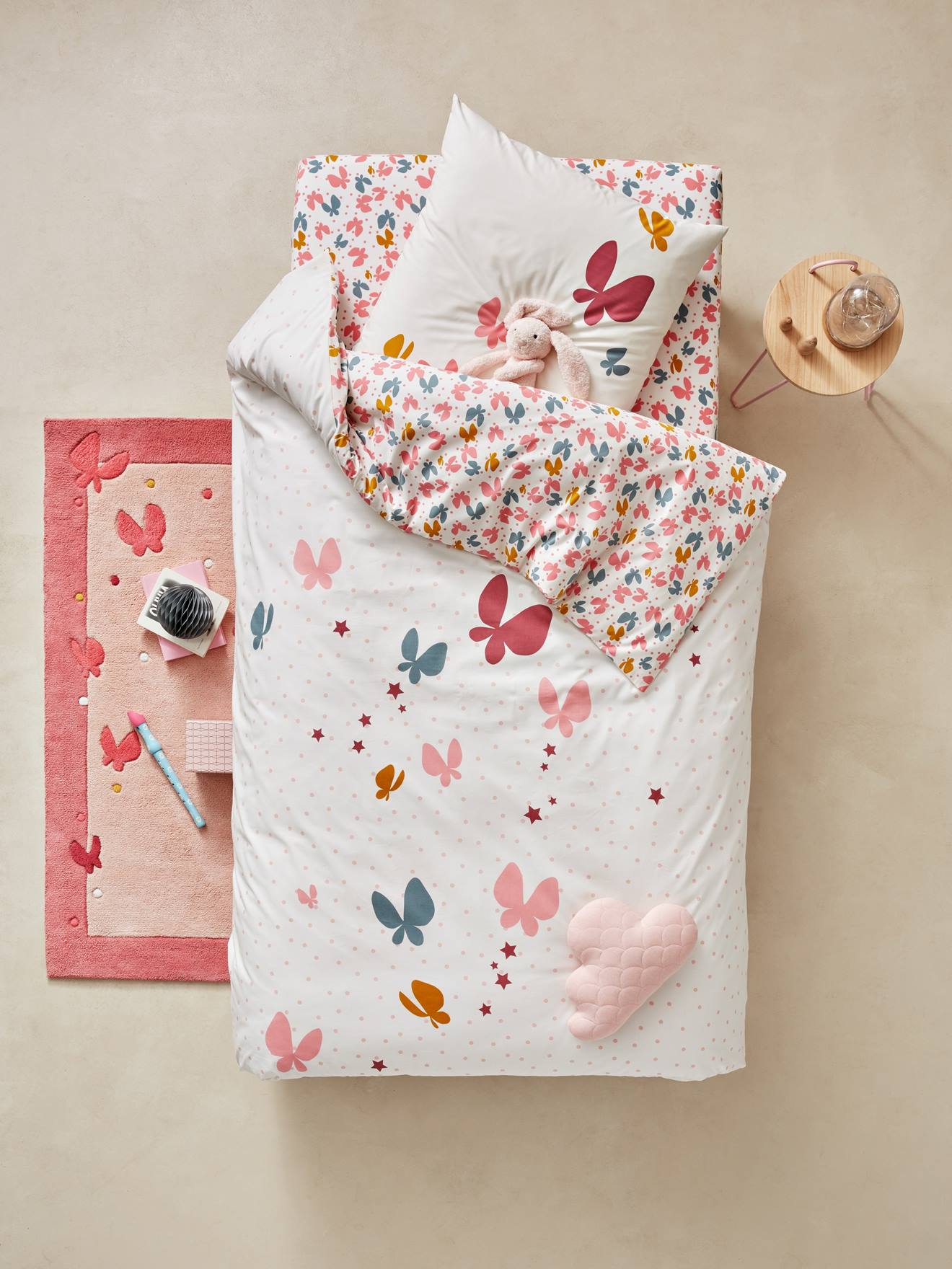 Vertbaudet Set Van Dekbedovertrek + Kussensloop Voor Kinderbed Vliegen Maar Roze Met Print