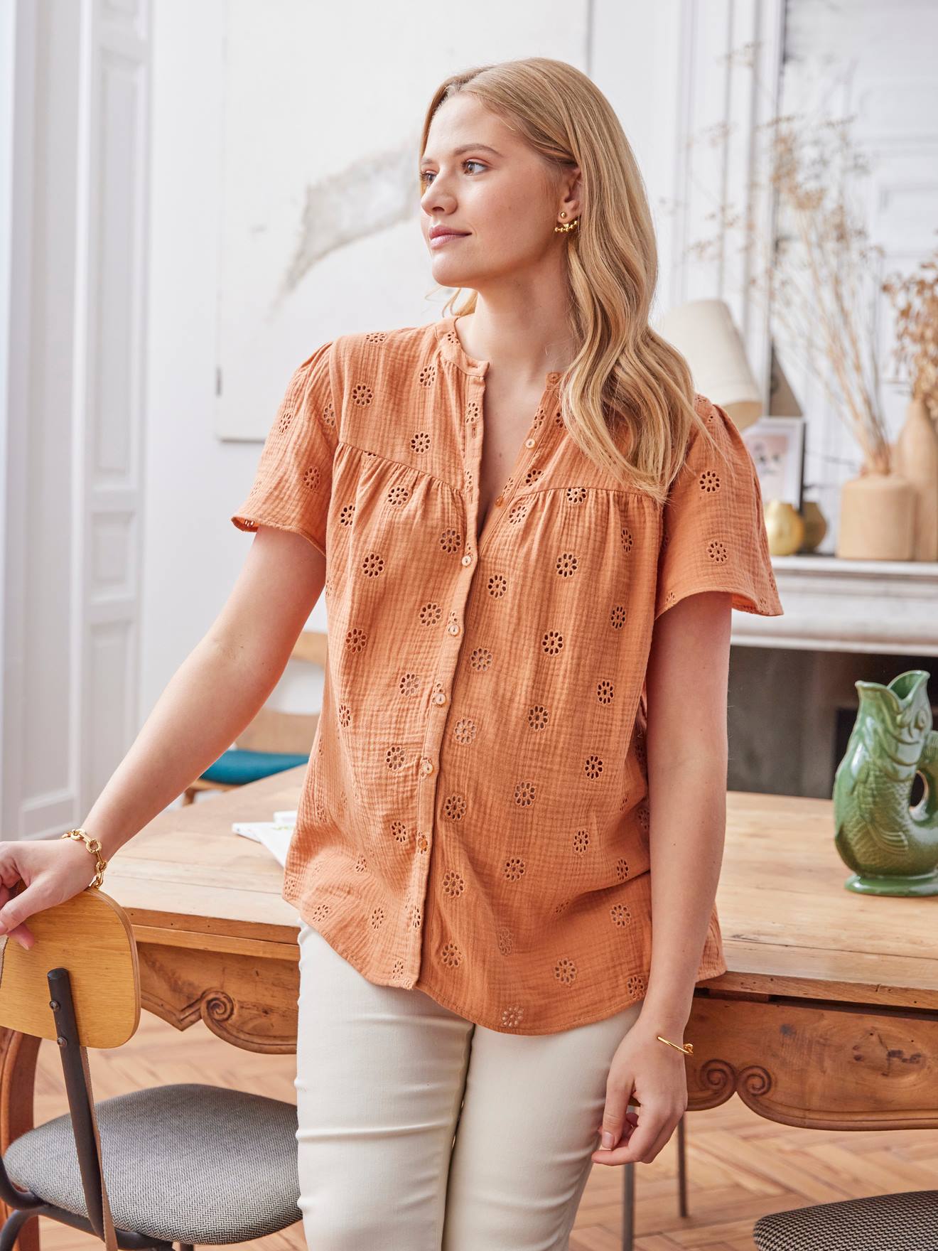 Vertbaudet Zwangerschaps- En Borstvoedingsblouse Van Katoengaas Terracotta