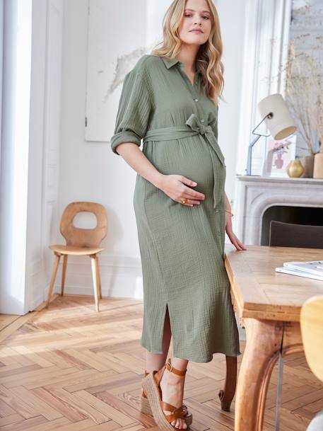 Lange hemdjurk in katoengaas voor zwangerschap en borstvoeding beige+marineblauw+olijf - vertbaudet enfant 