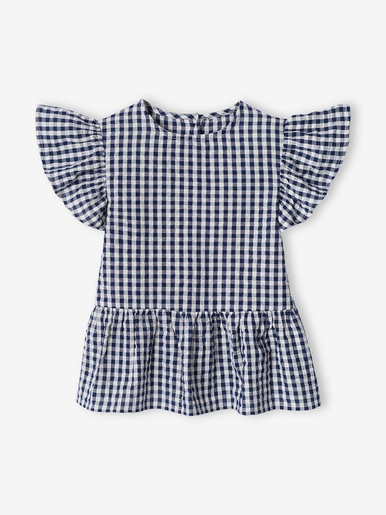 Vertbaudet Geruite Meisjesblouse Met Ruches Marineblauw, Geruit