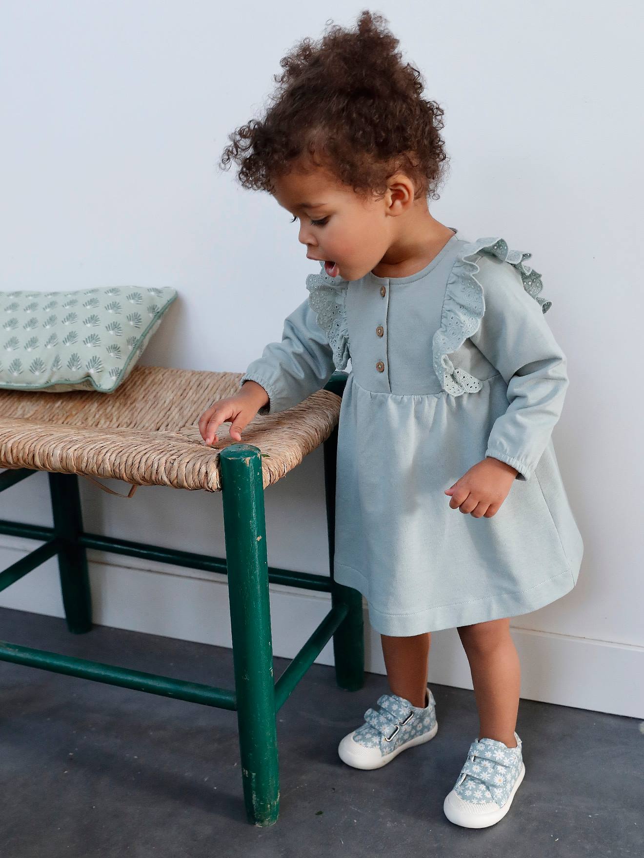 Vertbaudet Fleece Jurkje Voor Baby's Met Ruches Van Engels Borduurwerk Grijsblauw