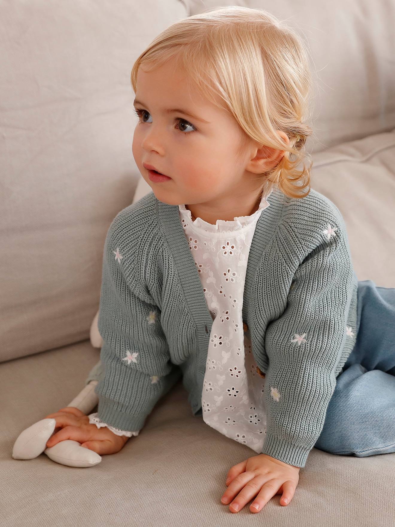 Vertbaudet Babyvestje Met Borduursel En V-hals Van Engels Ribbreisel Blauwgroen
