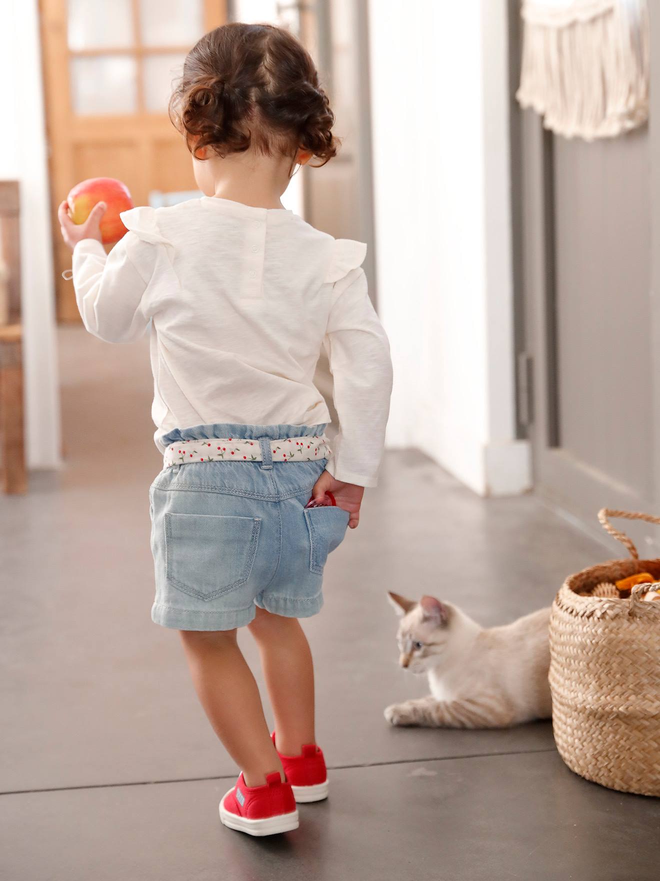 Short Paperbag Vertbaudet Denim Bleached Avec Ceinture - Taille 24M (86cm) - 100% Coton - Style Élastiqué Cerises