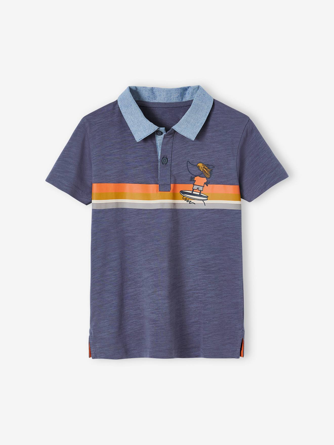 Vertbaudet Jongens Poloshirt Met Strepen En Chambray Details Leiblauw