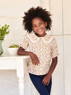 Meisje-Hemd, blouse, tuniek-Gebloemd meisjeshemd met claudinekraag en korte mouwen