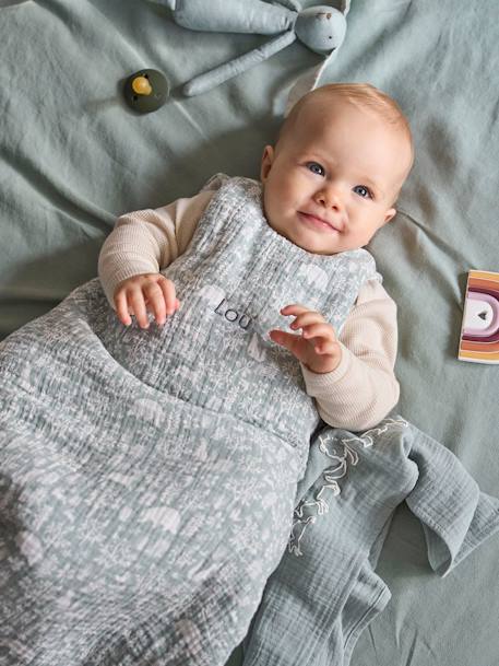 Gigoteuse sans manches en gaze de coton personnalisable DANS LES BOIS Oeko-Tex® vert sauge+vieux rose - vertbaudet enfant 