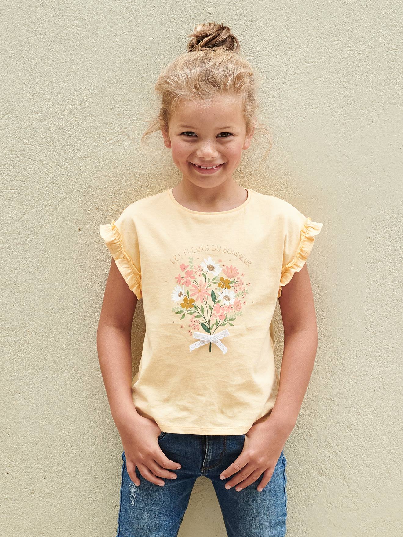 Vertbaudet Meisjes-T-shirt Met Iriserend Motief En Korte Mouwen Met Ruches Lichtgeel