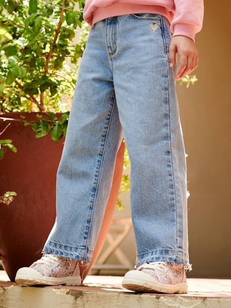 Wijde meisjesjeans met rafels aan de onderkant donkerblauw+gebleekt denim+grijs+stone - vertbaudet enfant 