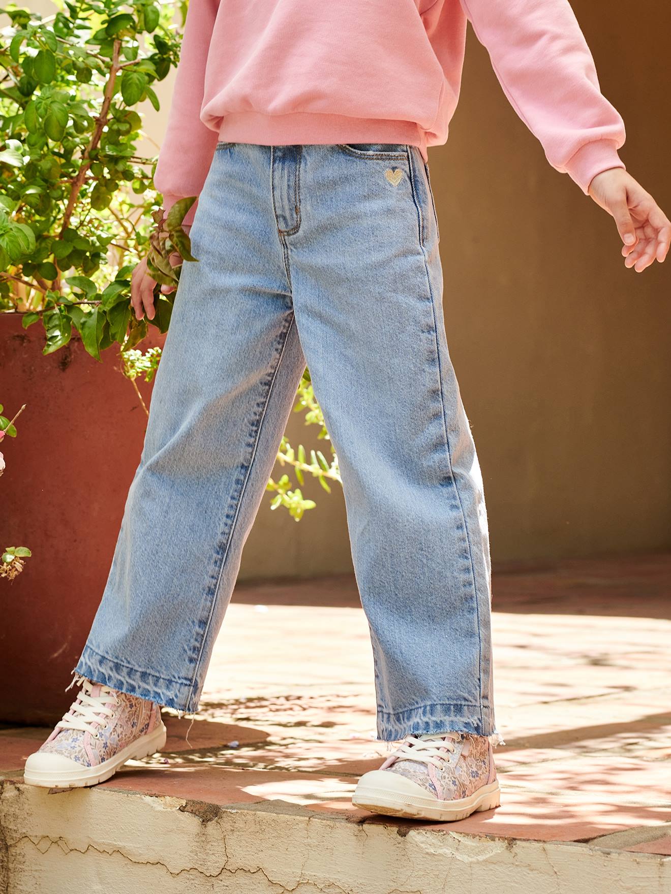 Vertbaudet Wijde Meisjesjeans Met Rafels Aan De Onderkant Gebleekt Denim