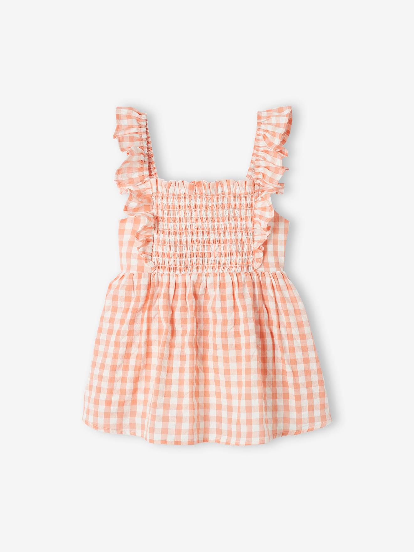 Vertbaudet Gesmokte Meisjesblouse Met Ruches Op De Bandjess Koraal