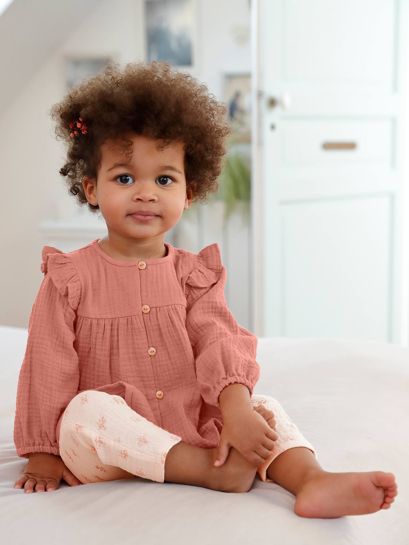 Vertbaudet Babyblouse Van Katoengaas Met Ruches Oudroze