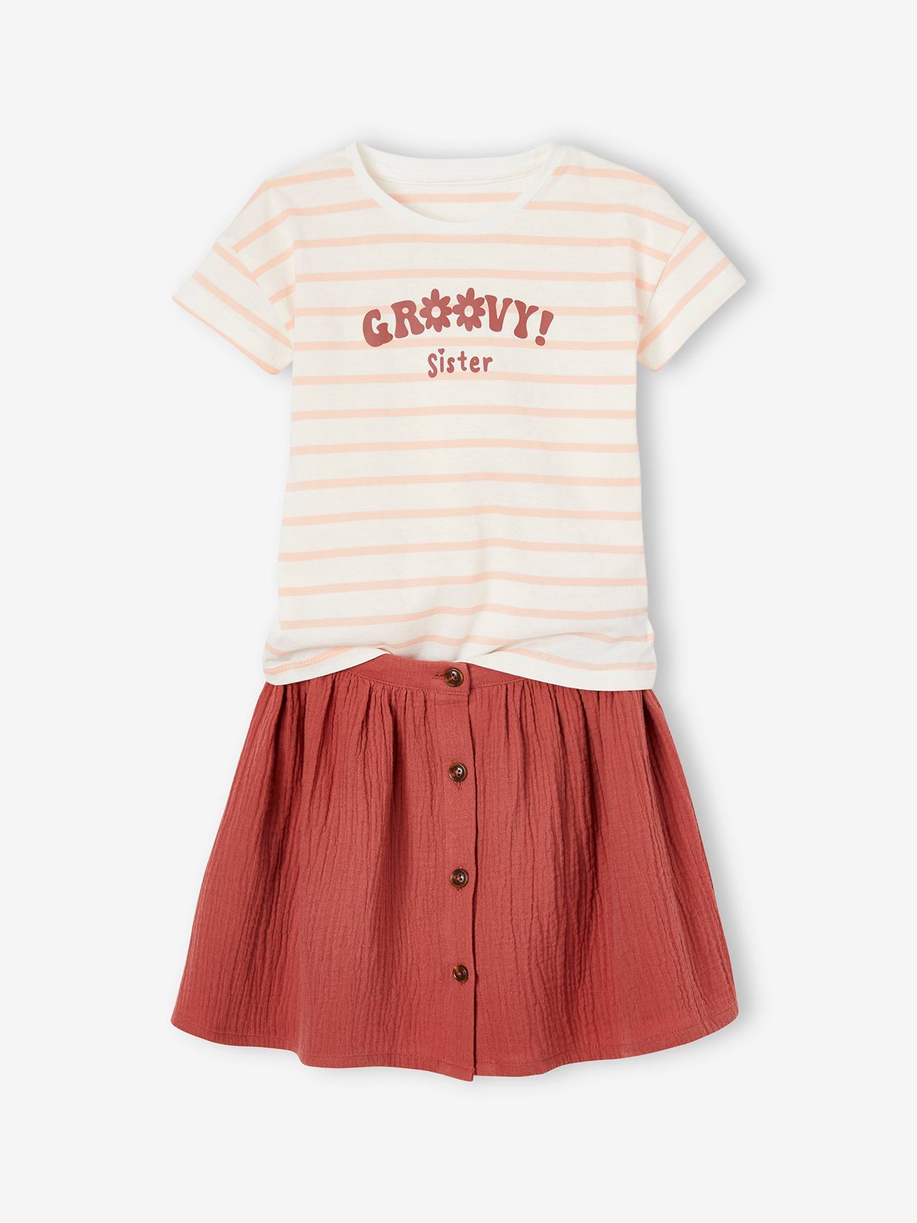 Higgins Buurt pil Set T-shirt en rok van katoengaas voor meisjes - terracotta, Meisje