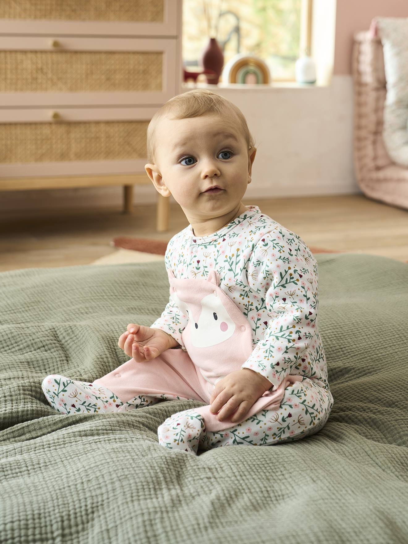 Pyjama bébé en flanelle de coton ouverture naissance - carreaux rose thé,  Bébé