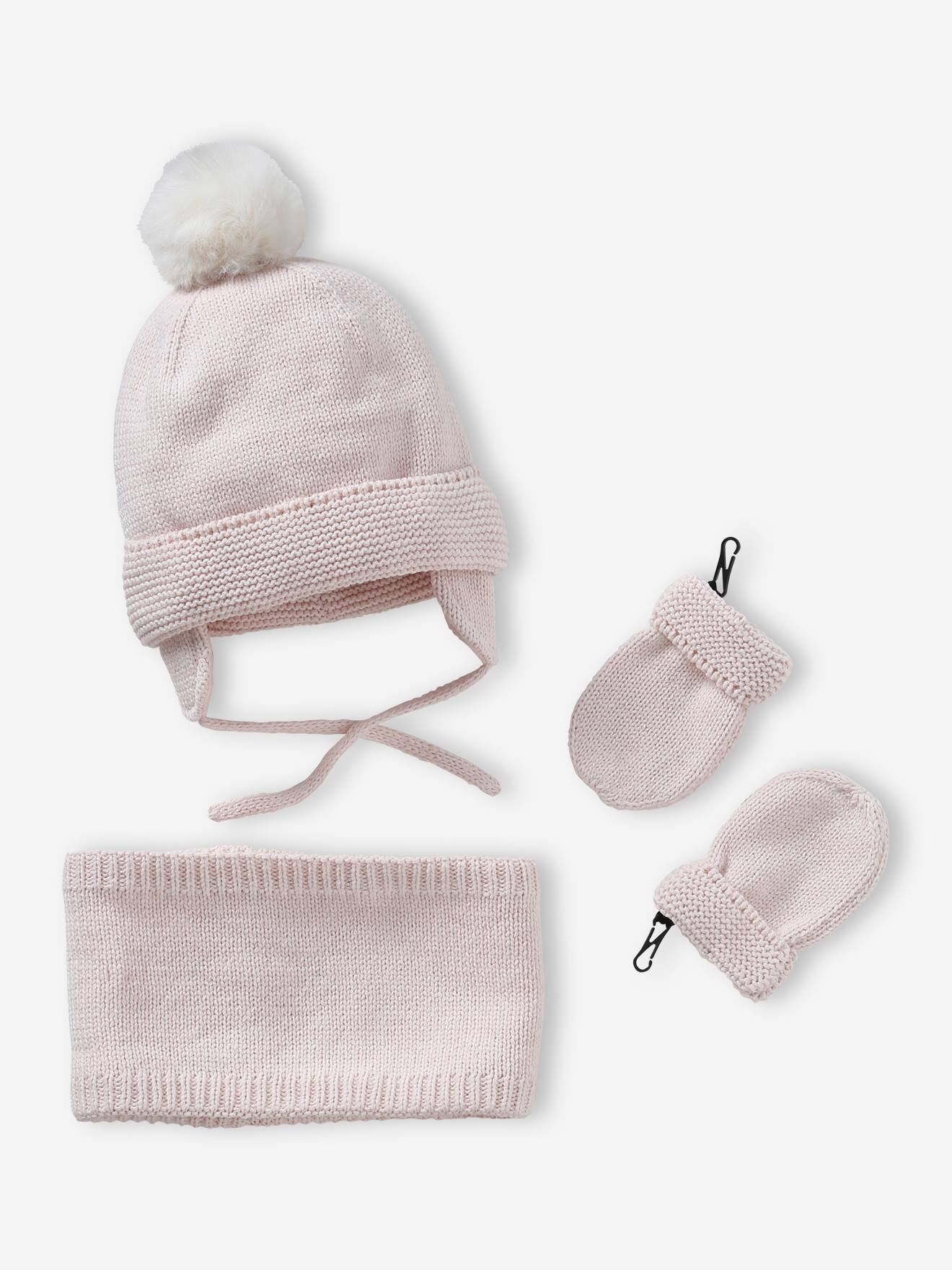 Ensemble bébé fille bonnet + snood + moufles - rose pâle, Bébé