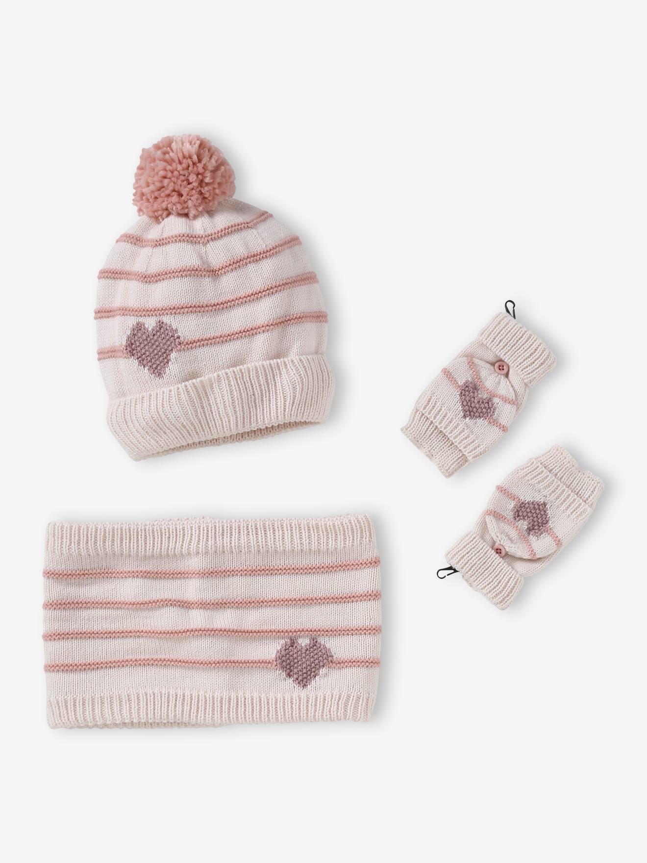Vertbaudet Meisjesmuts + Snood + Wanten/handschoenen Met Strepen/hartje Ecru