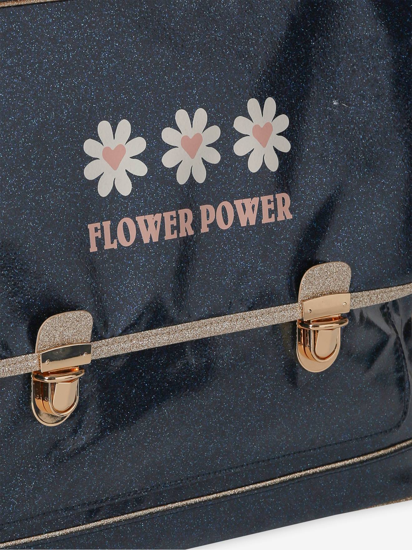 Cartable trousse pailletes Flower power fille bleu nuit Fille