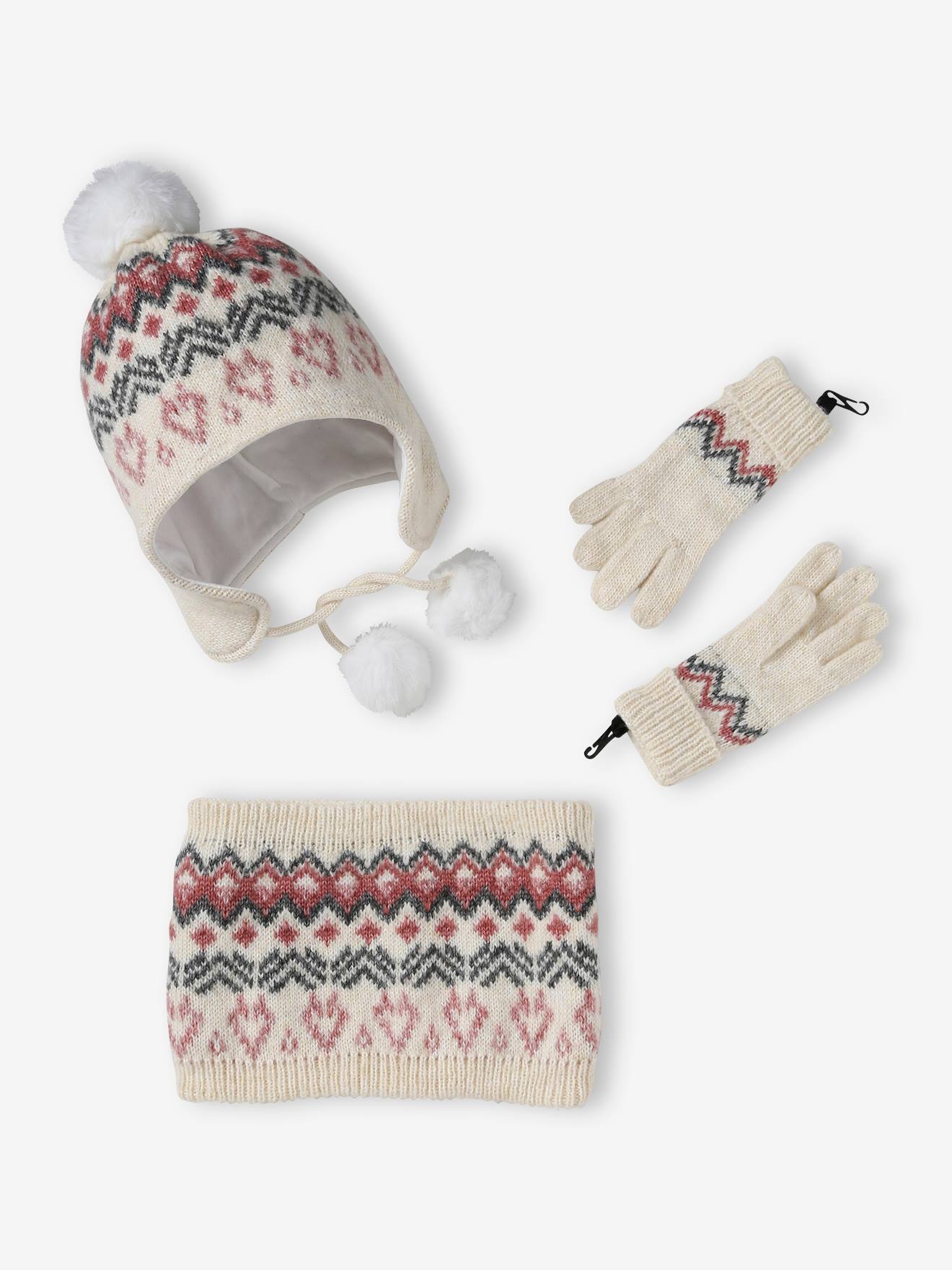 Ensemble bonnet + snood + gants ou moufles colorblock fille