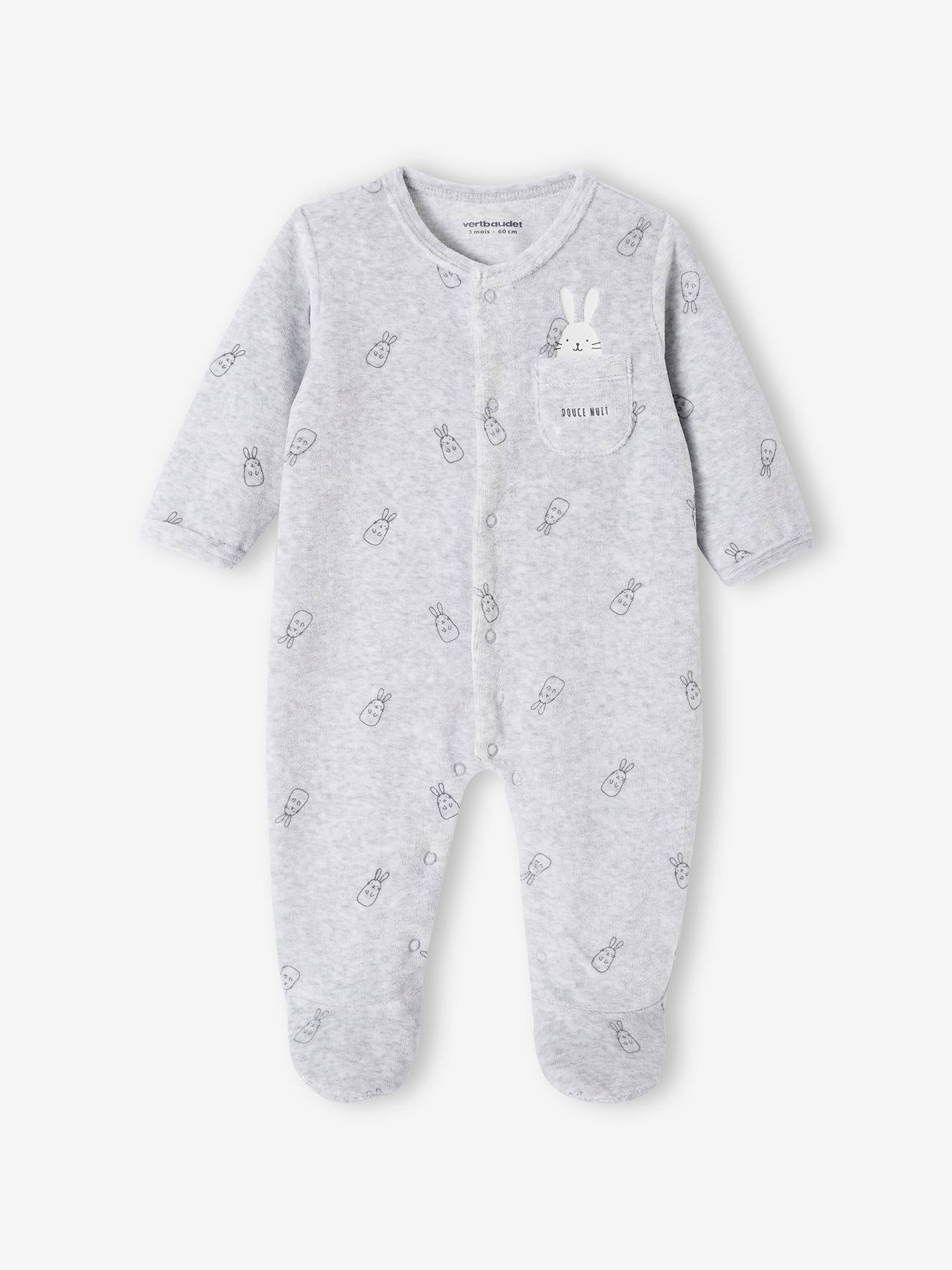 Vertbaudet Fluwelen Babyslaappakje Konijnen Opening Voorkant Gemêleerd Grijs