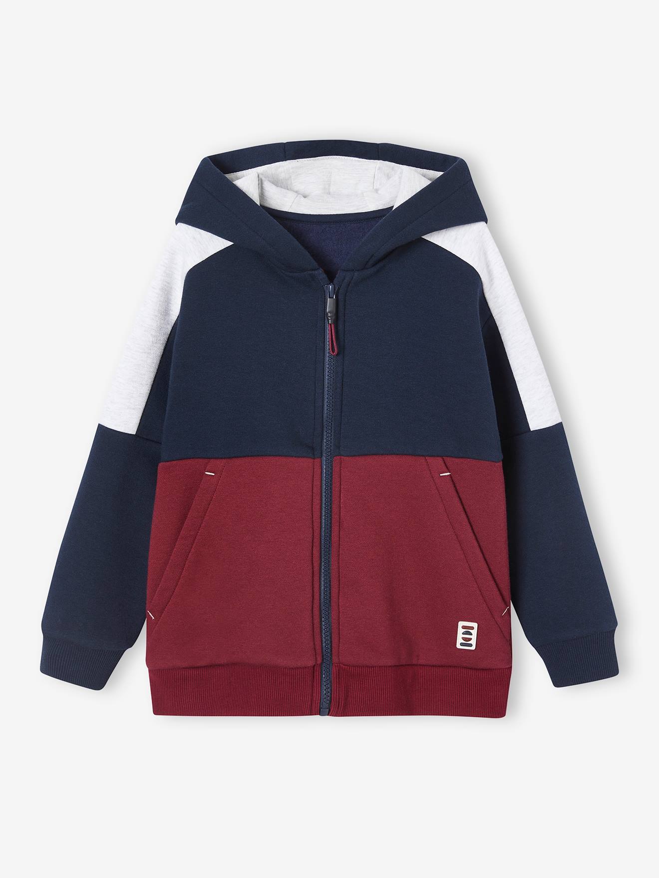 Vertbaudet Sportieve Sweater Met Rits En Capuchon, Colourblock Effect, Jongens Bordeauxrood