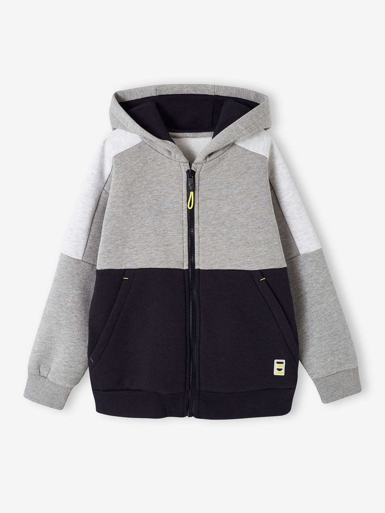Vertbaudet Sportieve Sweater Met Rits En Capuchon, Colourblock Effect, Jongens Gemêleerd Grijs