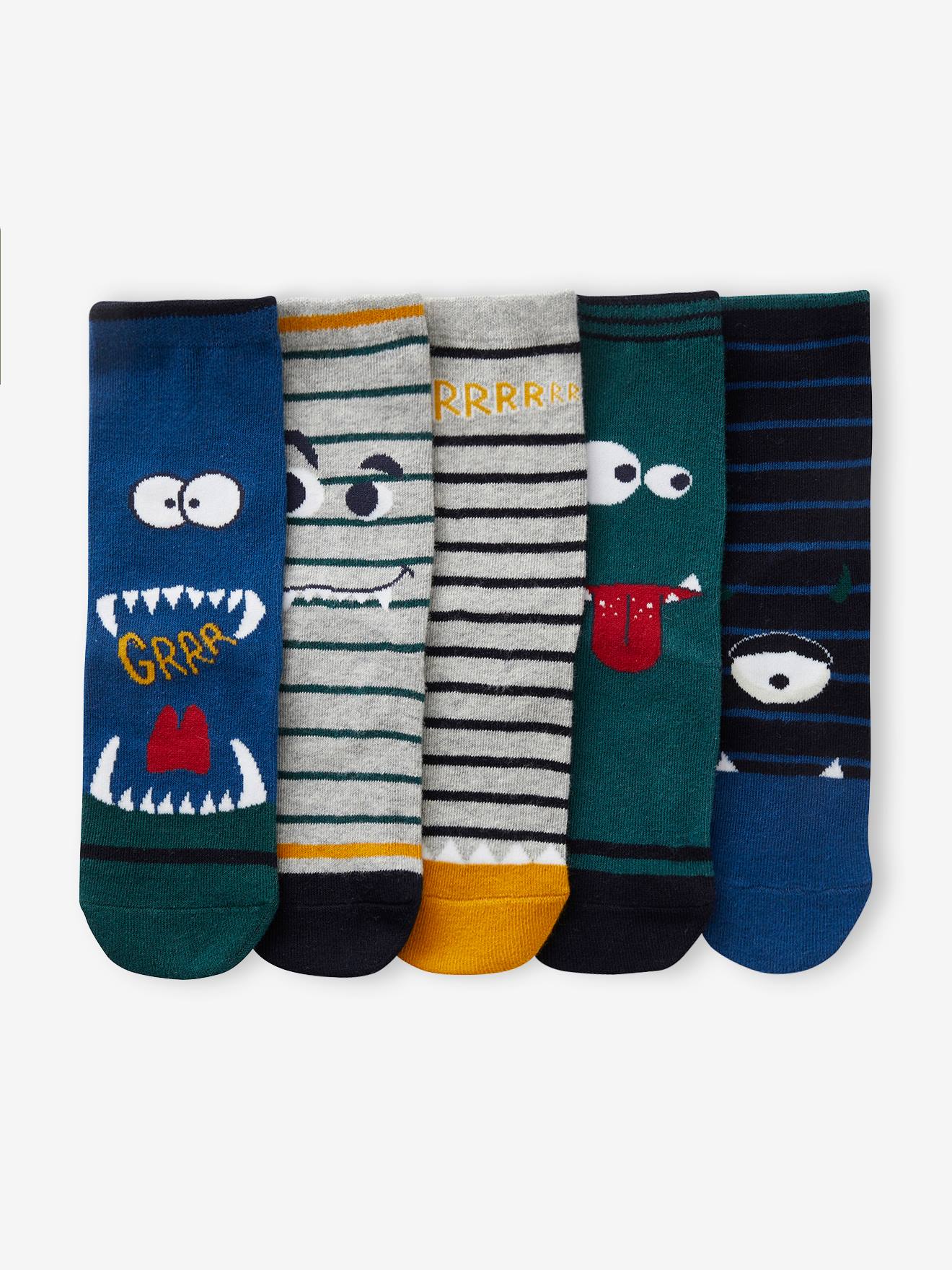 Vertbaudet Set Van 5 Paar Halfhoge Sokken"monsters" Jongens Blauw