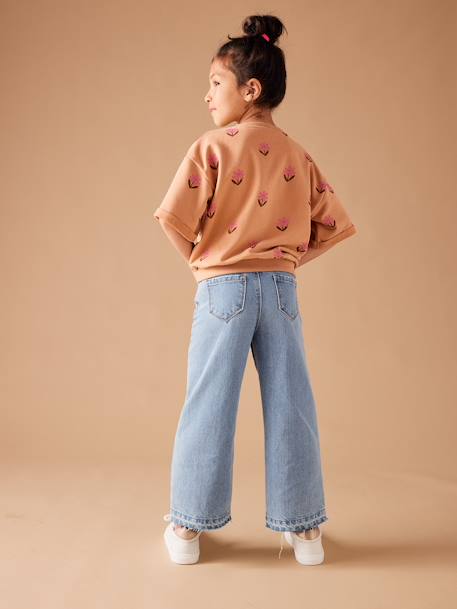 Wijde meisjesjeans met rafels aan de onderkant donkerblauw+gebleekt denim+grijs+stone - vertbaudet enfant 