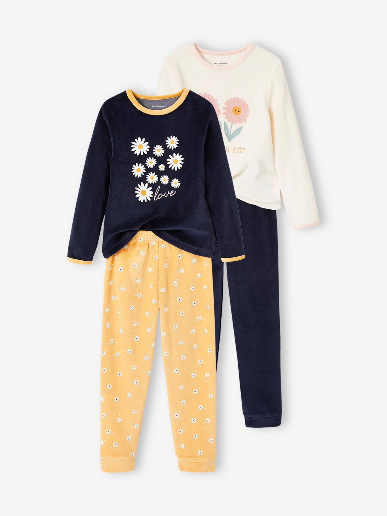 Vertbaudet Set Van 2 Fluwelen Meisjespyjama's Met Margrietjes Okergeel