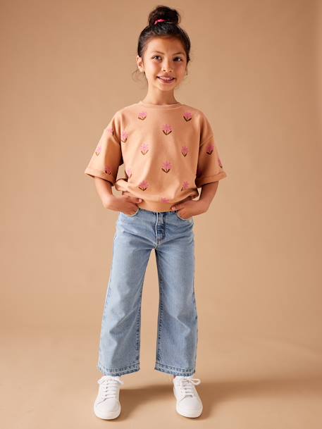 Wijde meisjesjeans met rafels aan de onderkant donkerblauw+gebleekt denim+grijs+stone - vertbaudet enfant 