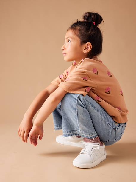 Wijde meisjesjeans met rafels aan de onderkant donkerblauw+gebleekt denim+grijs+stone - vertbaudet enfant 