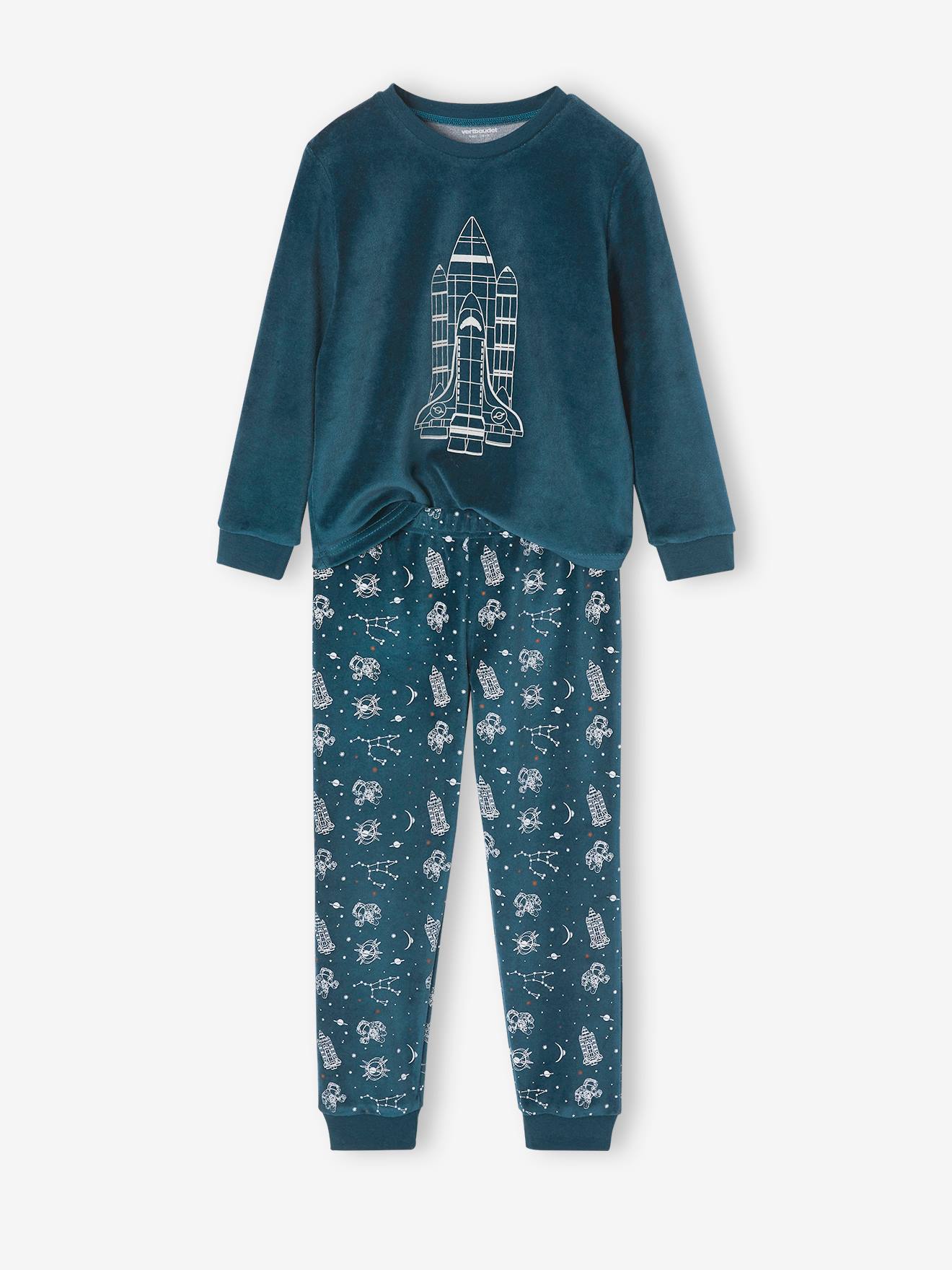 Vertbaudet Fluwelen Jongenspyjama Met Glow-in-the-dark Raket Groenblauw