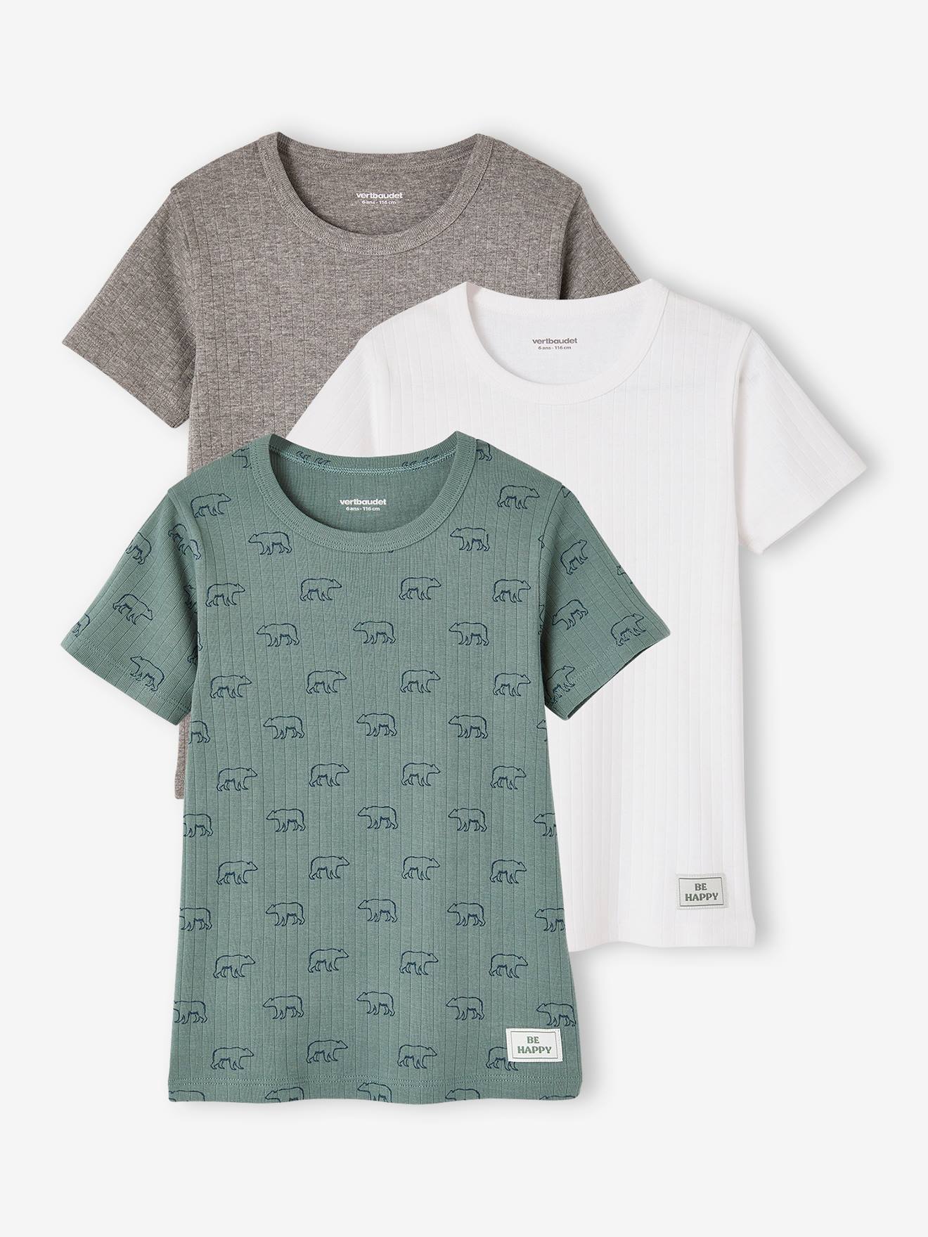 Vertbaudet Set Van 3 Jongensshirts Van Geribbeld Breiwerk Met Korte Mouwen En Beer Smaragdgroen