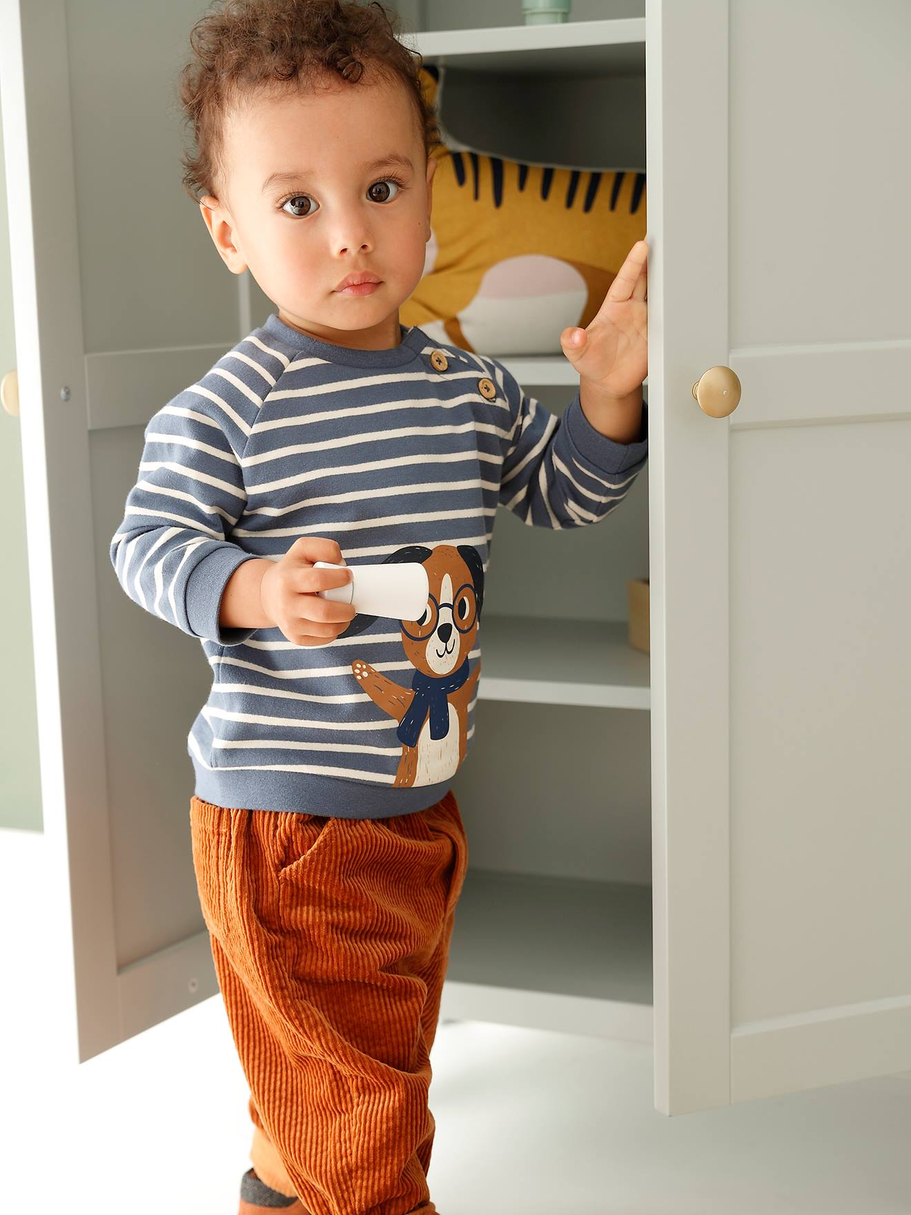 Sweat Bébé Rayé En Molleton Doux VERTBAUDET - Taille 24 Mois (86 Cm), Bleu Ardoise | Ouverture Pressionnée, 100% Coton, Manches Longues