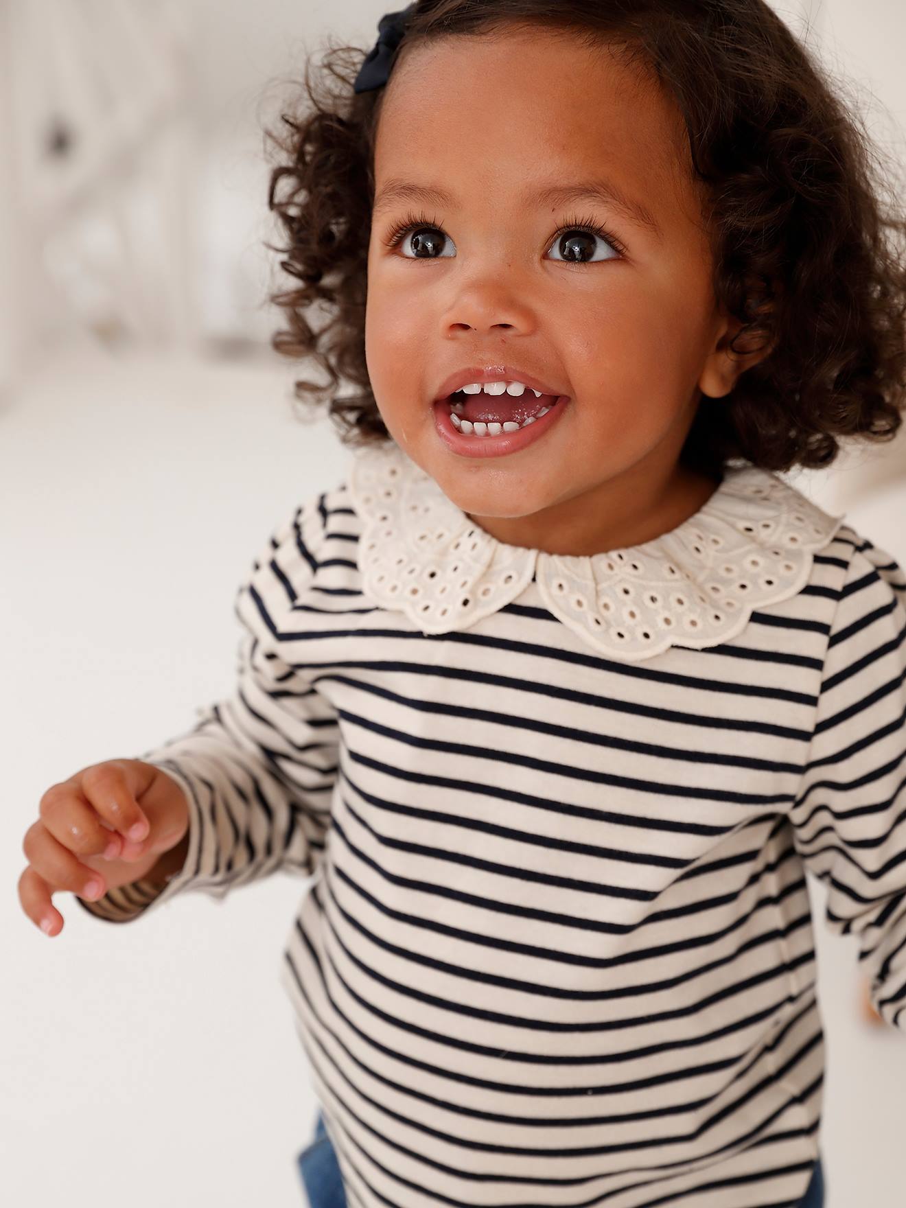 Vertbaudet Baby T-shirt Met Geborduurde Kraag En Lange Mouwen Marineblauw, Gestreept