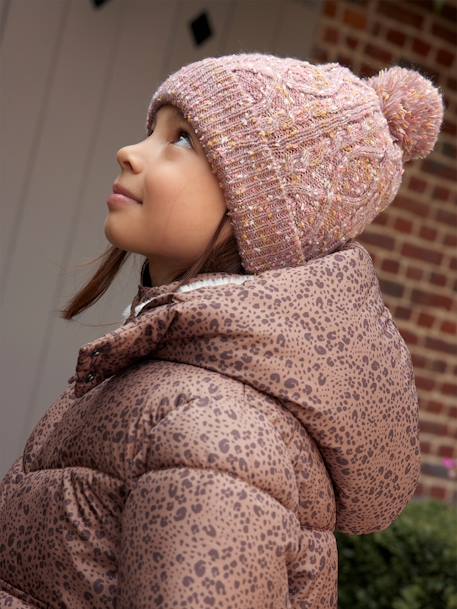 Ensemble bonnet + moufles + foulard + sac bébé fille en maille imprimée  personnalisable - bois de rose