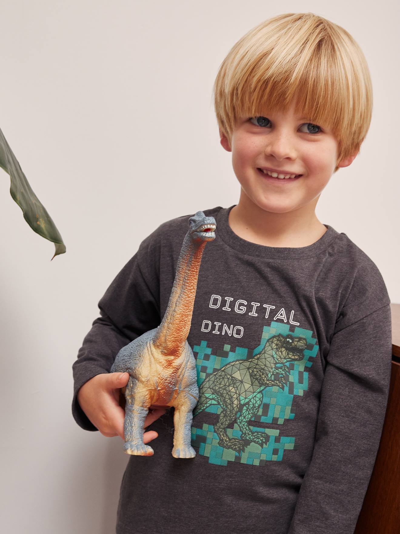 Vertbaudet Jongens-T-shirt Met Pixeleffect En Digitale Dino's In Reliëf Gemêleerd Grijs