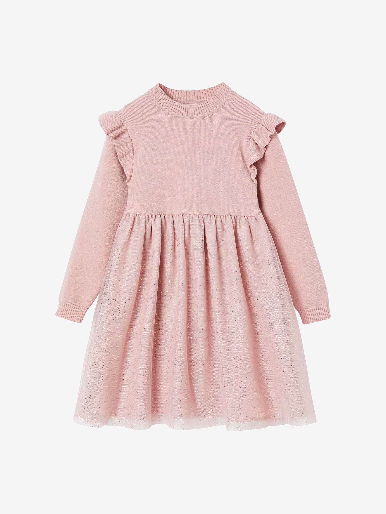 Robe de f te en tricot et tulle fille rose p le