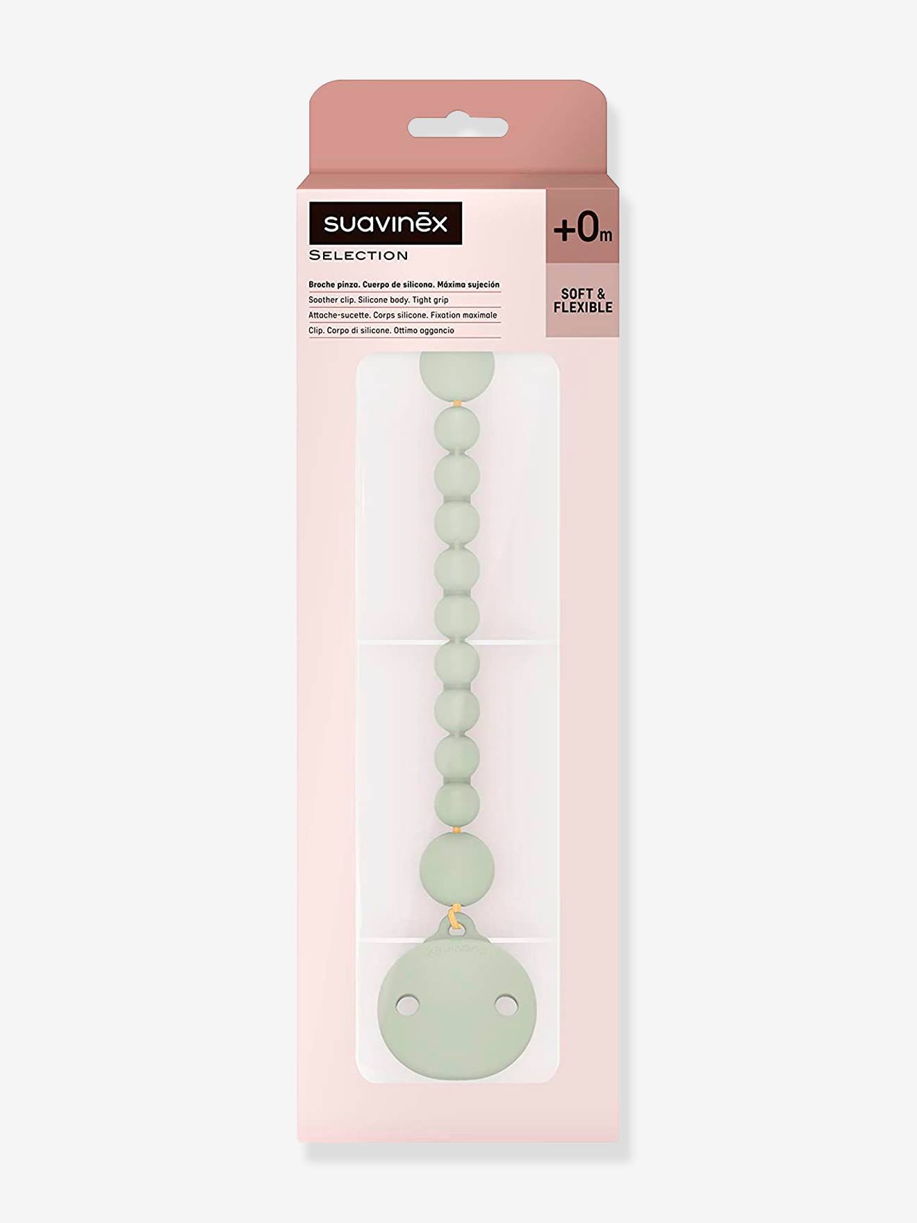 Suavinex, Siliconen broche, fopspeen met ketting gemaakt van siliconen, eendelig, vanaf 0 maanden, kleur mosterdgeel