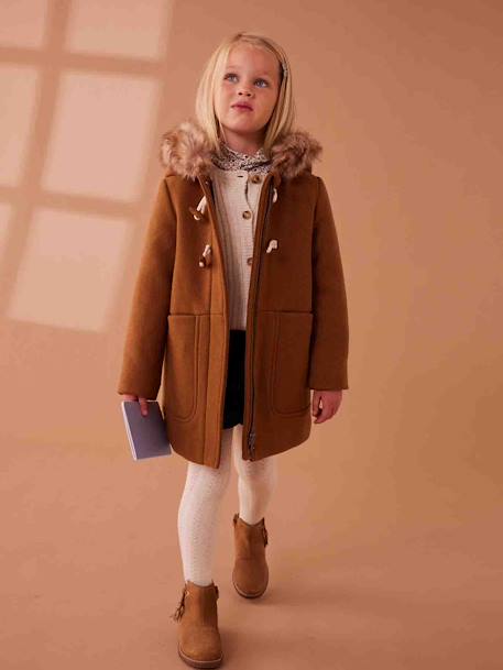 Fille-Manteau, veste-Duffle-coat à capuche en drap de laine fille fermé par brandebourgs